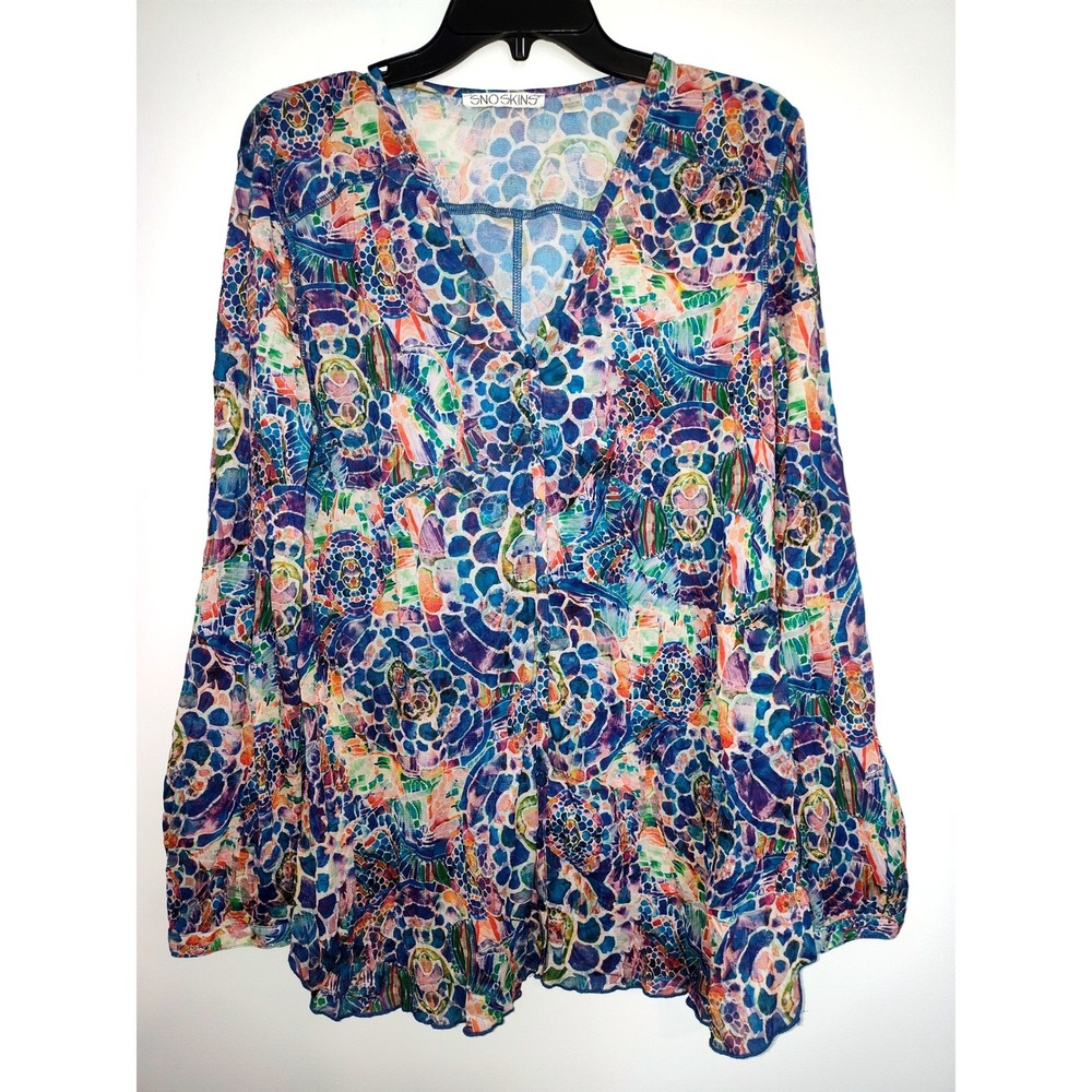 Sno Skins Womens Large Blue MultiColor Abstract Mosaic Print V-Neck Top USA Made